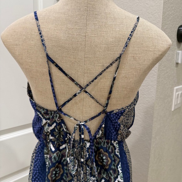 Lush Womens Romper XS Blue Brown Boho Sleeveless Casual V Neck‎ Criss Cross - Picture 7 of 8